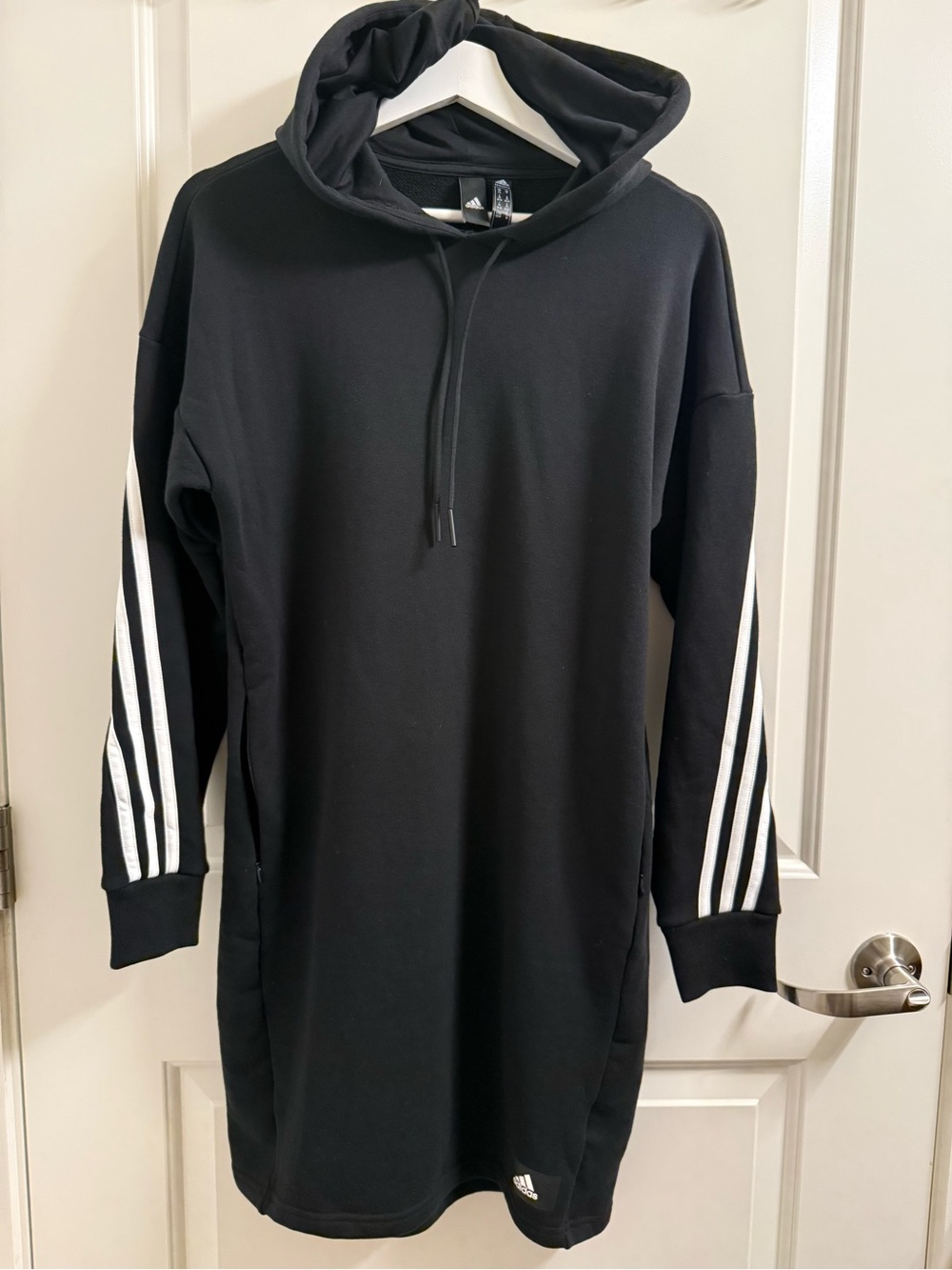 adidas Black Hoodie Midi Dress with White Sleeve Stripes